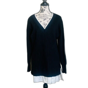 White House Black Market Black White Tunic Sweater Shirt Large V Neck Layered